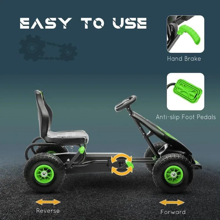 Green and black kids pedal go-kart with hand brake, anti-slip foot pedals, and easy controls.