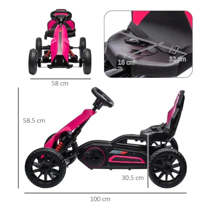 Pink and black kids pedal go-kart with adjustable seat, handbrake, and size dimensions