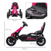 Pink and black kids pedal go-kart with adjustable seat, handbrake, and size dimensions