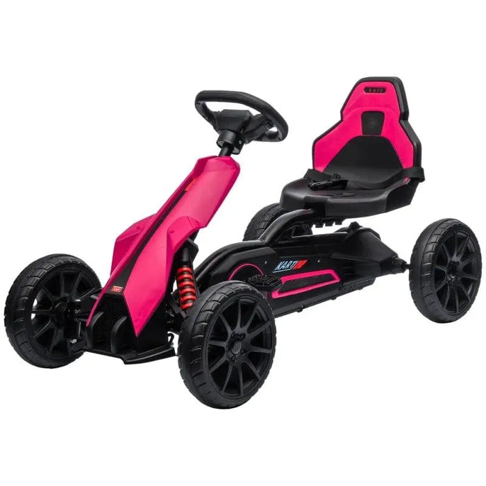 Pink and black kids pedal go kart with adjustable seat and handbrake, four wheels