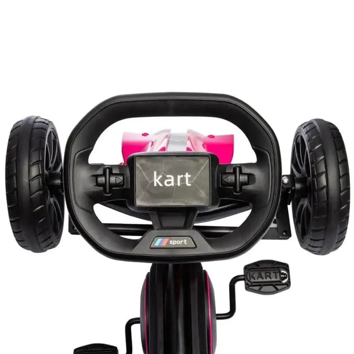 Kids pedal go kart in pink and black with steering wheel, pedals, and sport detail