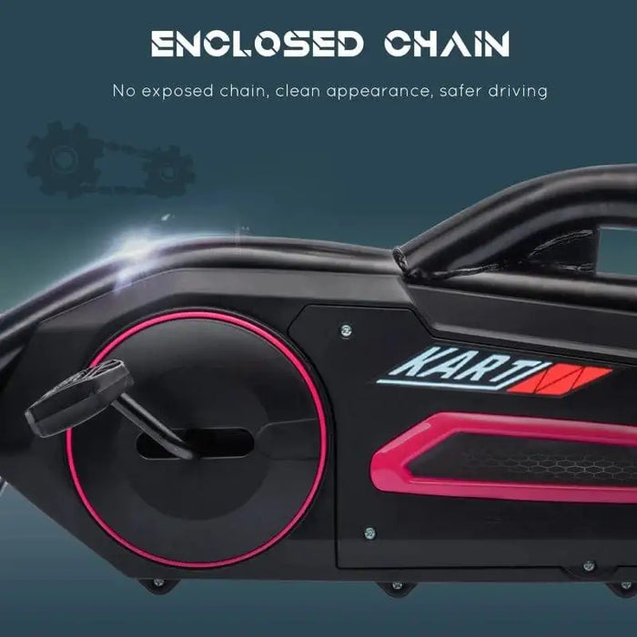 Close-up of a pink and black kids pedal go kart with enclosed chain and 'KART' label.