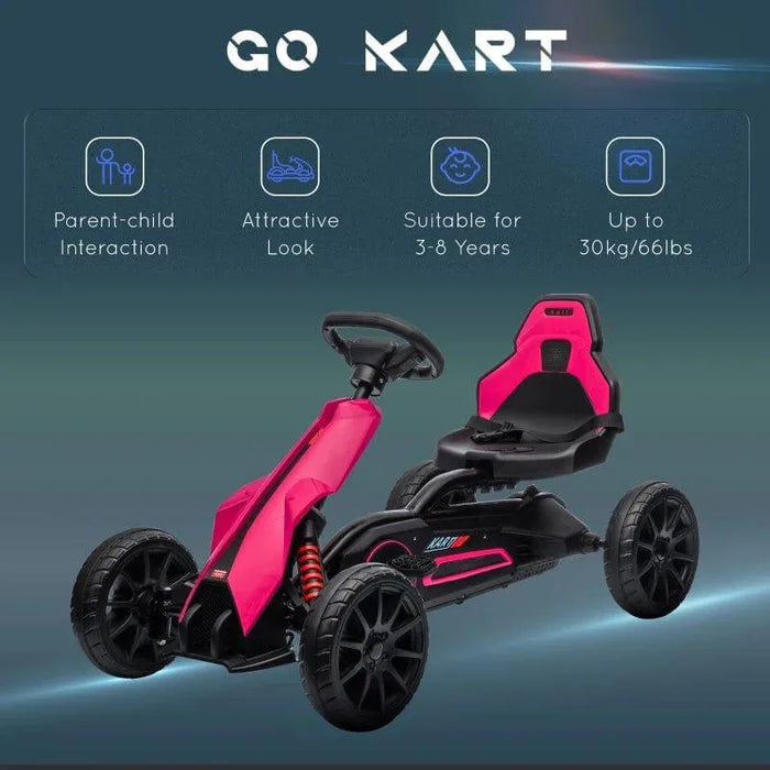 Pink and black kids pedal go kart with adjustable seat and handbrake, suitable for ages 3-8.