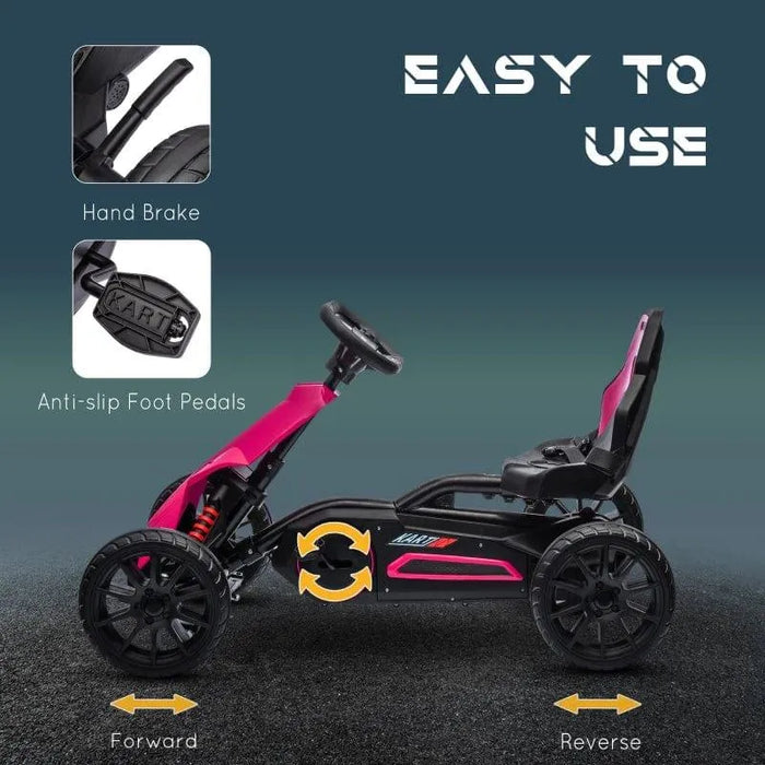 Pink and black kids pedal go kart with adjustable seat, hand brake, and anti-slip pedals