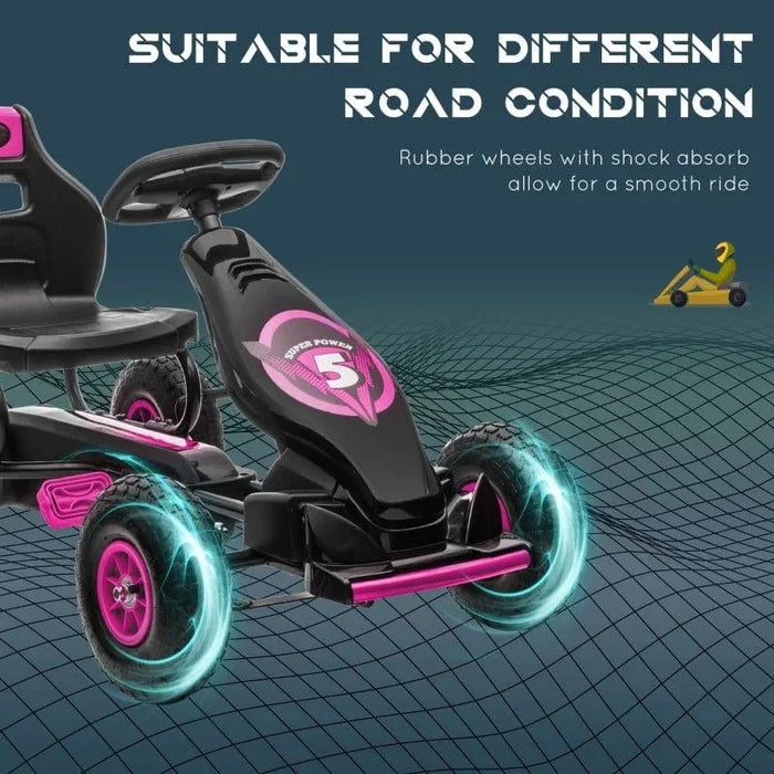 Pink and black kids pedal go kart with shock absorbing rubber wheels and handbrake