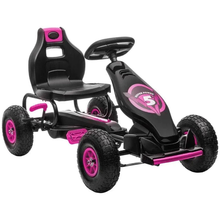 Pink and black kids pedal go kart with handbrake, shock absorbing suspension, and sporty design