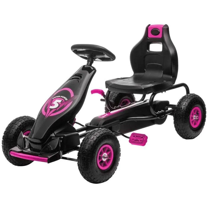 Kids pedal go kart in black and pink with handbrake and shock absorbing suspension