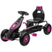 Kids pedal go kart in black and pink with handbrake and shock absorbing suspension