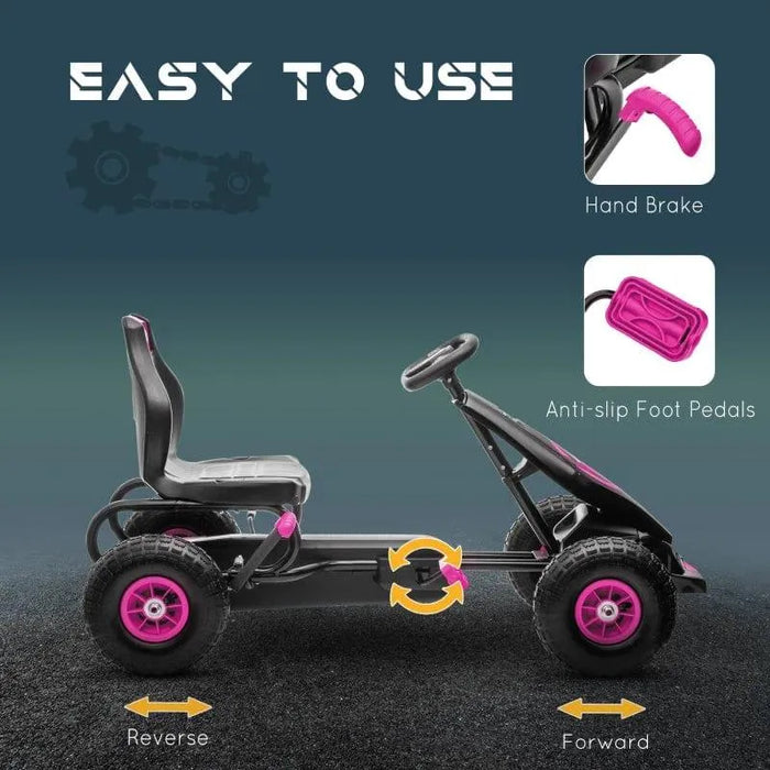 Pink and black kids pedal go kart with hand brake, anti-slip foot pedals, and sturdy tires.