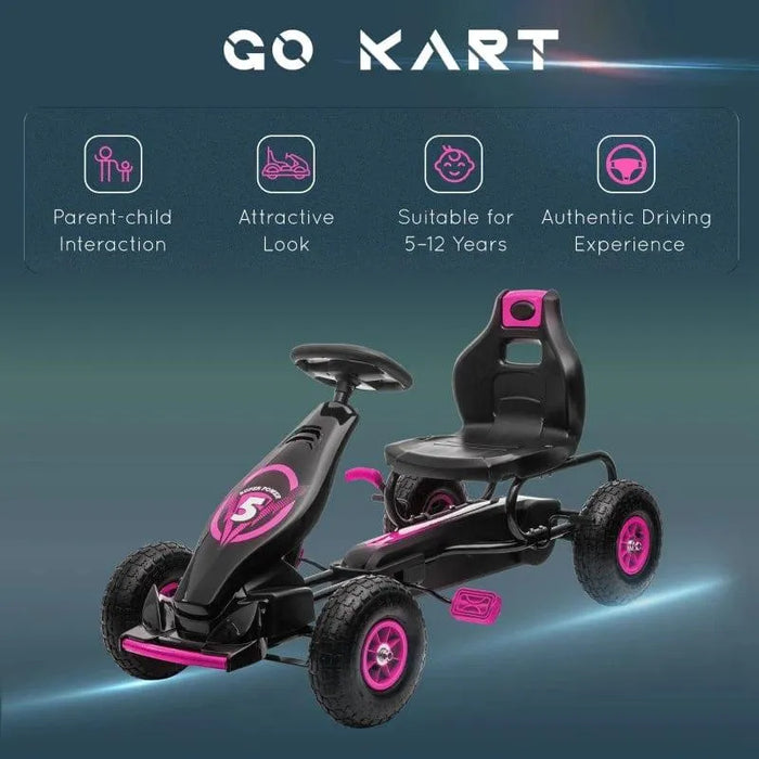 Pink and black kids pedal go kart with handbrake, mag wheels, and adjustable seat
