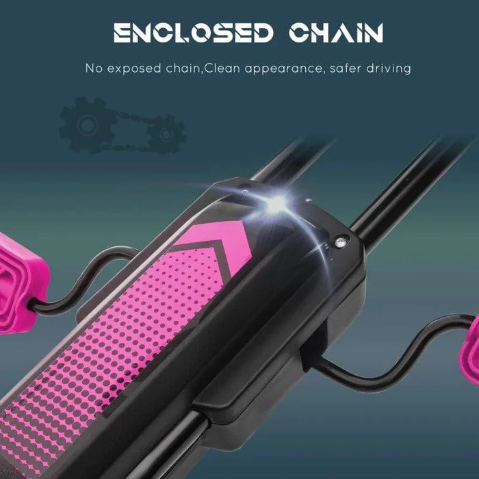 Close-up of pink and black kids pedal go kart with enclosed chain feature shown.