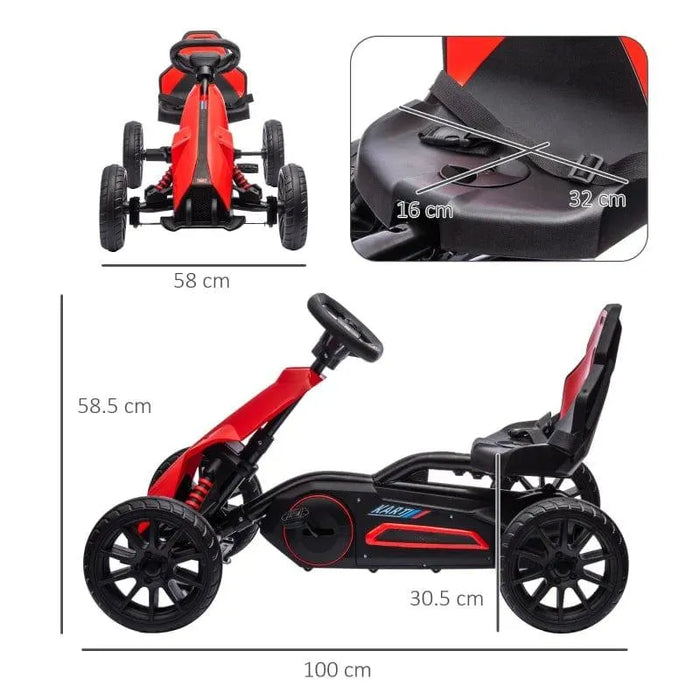 Red and black kids pedal go-kart with adjustable seat, four wheels, and size dimensions shown