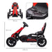 Red and black kids pedal go-kart with adjustable seat, four wheels, and size dimensions shown