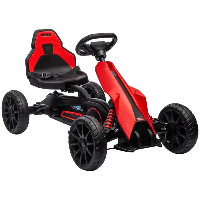 Red and black kids pedal go kart with four-wheel design and adjustable seat