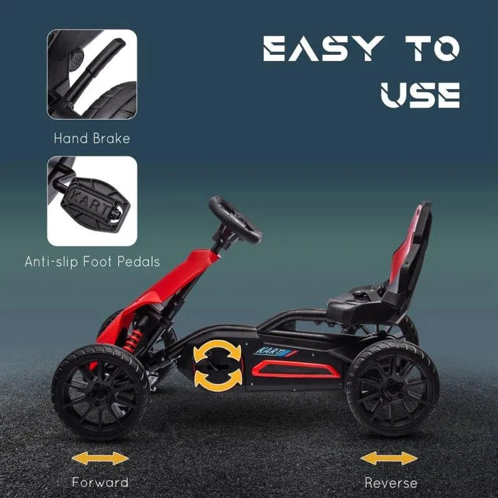 Red and black kids pedal go-kart with adjustable seat, hand brake, and anti-slip pedals.