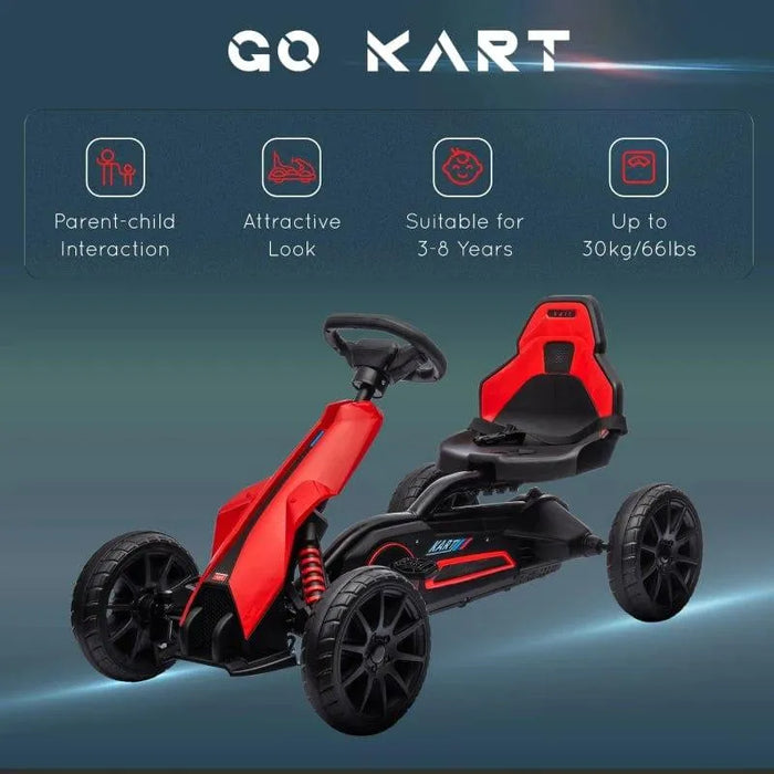 Red and black kids pedal go kart with adjustable seat for ages 3-8, featured on blue background