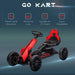 Red and black kids pedal go kart with adjustable seat for ages 3-8, featured on blue background