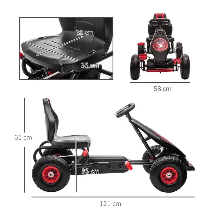 Red and black kids pedal go-kart with shock-absorbing suspension, size dimensions shown