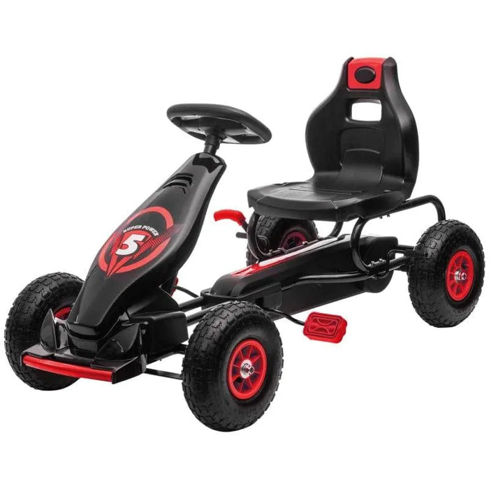 Red and black kids pedal go kart with shock-absorbing suspension and sporty seat