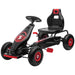 Red and black kids pedal go kart with shock-absorbing suspension and sporty seat