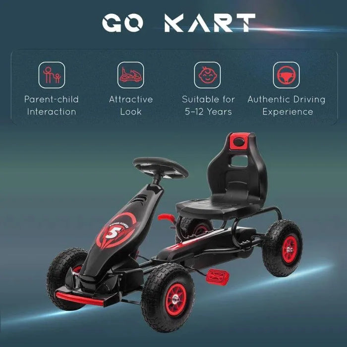 Red and black kids pedal go kart with shock-absorbing suspension for ages 5-12