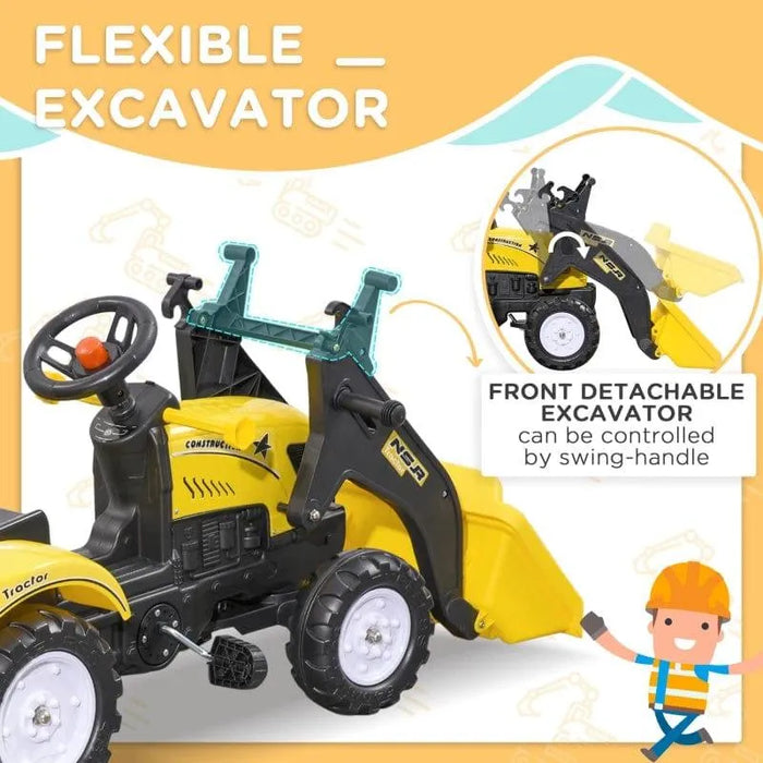 Yellow kids pedal go kart tractor with front detachable excavator and trailer