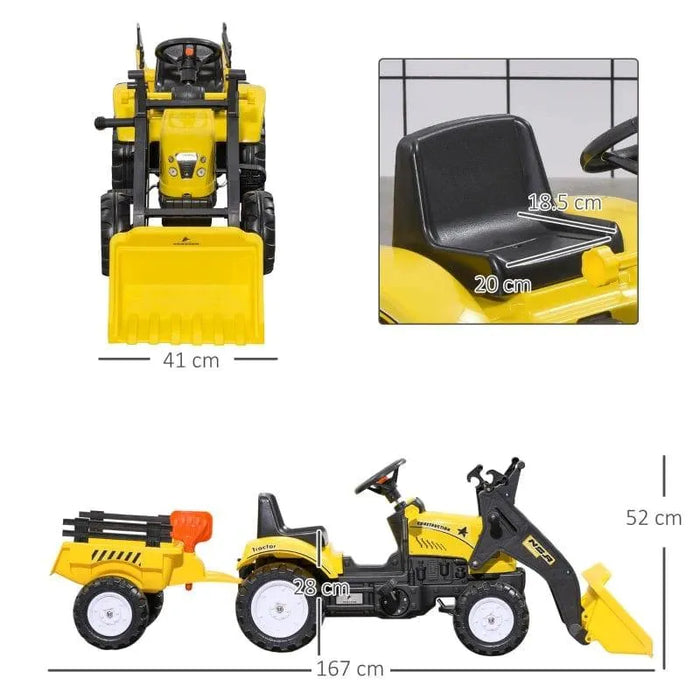 Kids yellow pedal go-kart tractor with excavator, trailer, seat and tool measurements visible