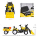 Kids yellow pedal go-kart tractor with excavator, trailer, seat and tool measurements visible
