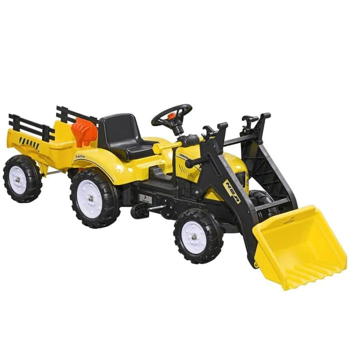 Yellow kids pedal go-kart tractor with front excavator, trailer, shovel, rake, and horn
