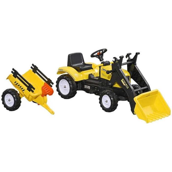 Yellow kids pedal go-kart tractor with excavator, trailer, shovel, and rake on white background