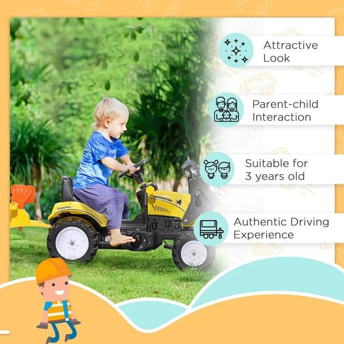 Child riding yellow pedal go-kart tractor with trailer outdoors, kids ride-on toy feature list