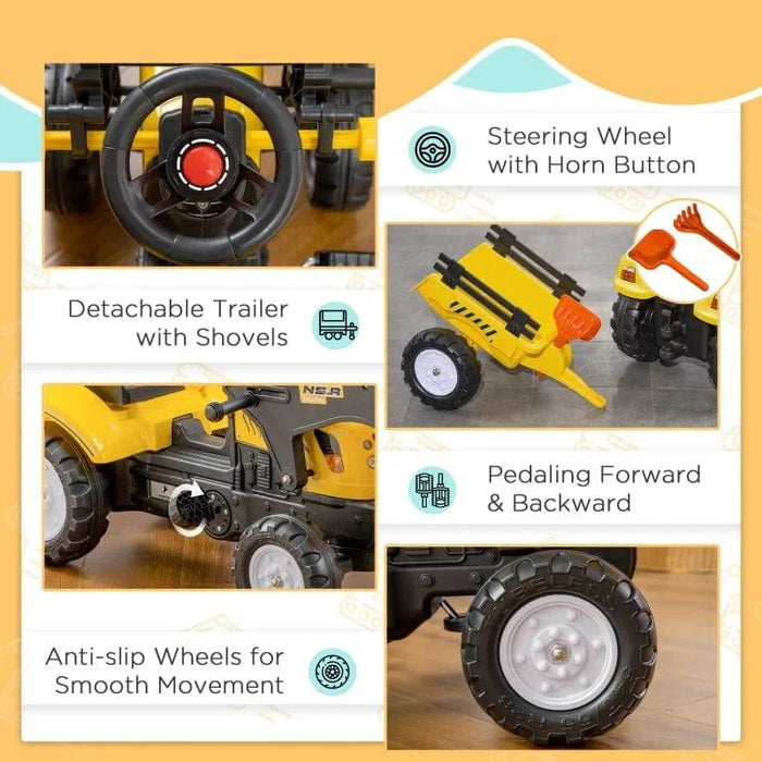 Kids yellow pedal go kart tractor with trailer, shovel, rake, horn, and anti-slip wheels