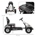 Kids pedal go kart in white and black with handbrake and adjustable seat, shown with dimensions.