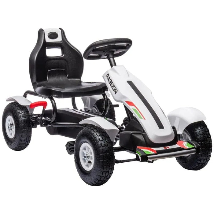 White and black kids pedal go kart with handbrake and adjustable seat on white background