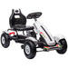 White and black kids pedal go kart with handbrake and adjustable seat on white background
