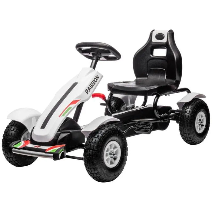 Kids pedal go-kart in white and black with adjustable seat, handbrake, and large tires