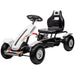 Kids pedal go-kart in white and black with adjustable seat, handbrake, and large tires