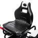 Black adjustable seat of kids pedal go-kart with white details and visible handbrake