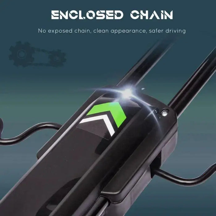 Enclosed chain detail on kids pedal go kart, black housing with green and white arrow graphic