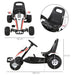 Kids pedal go-kart in white, red, and black racing style with sticker design and size dimensions shown