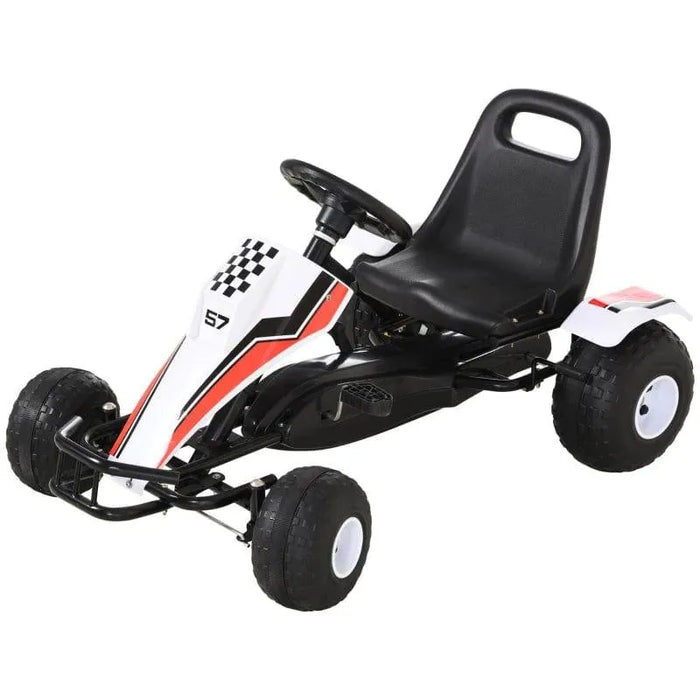 Kids pedal go kart in white, red, and black with racing style and cool sticker design