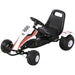 Kids pedal go kart in white, red, and black with racing style and cool sticker design