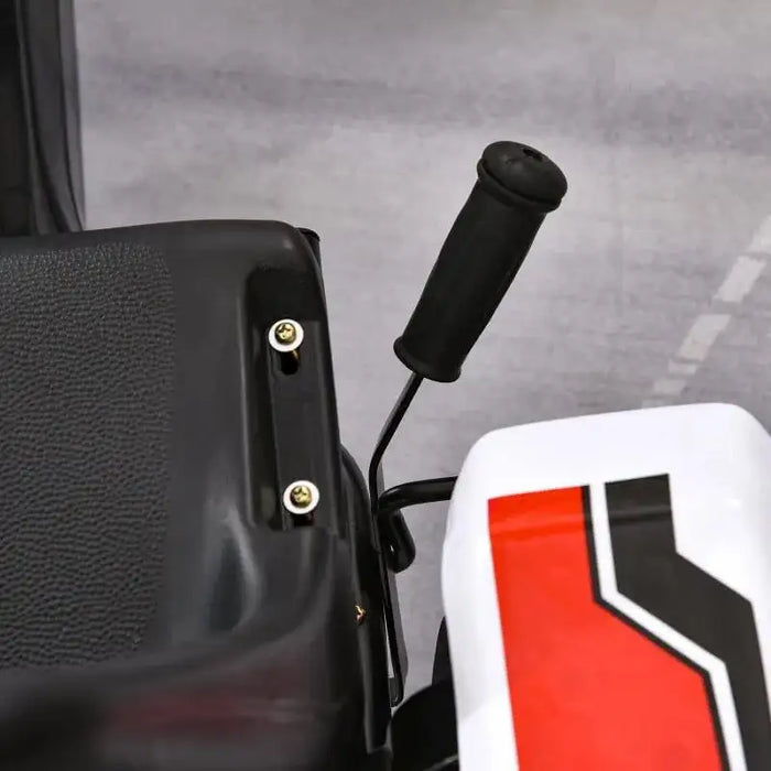 Close-up of kids' pedal go-kart handle, seat, and racing-style red sticker design