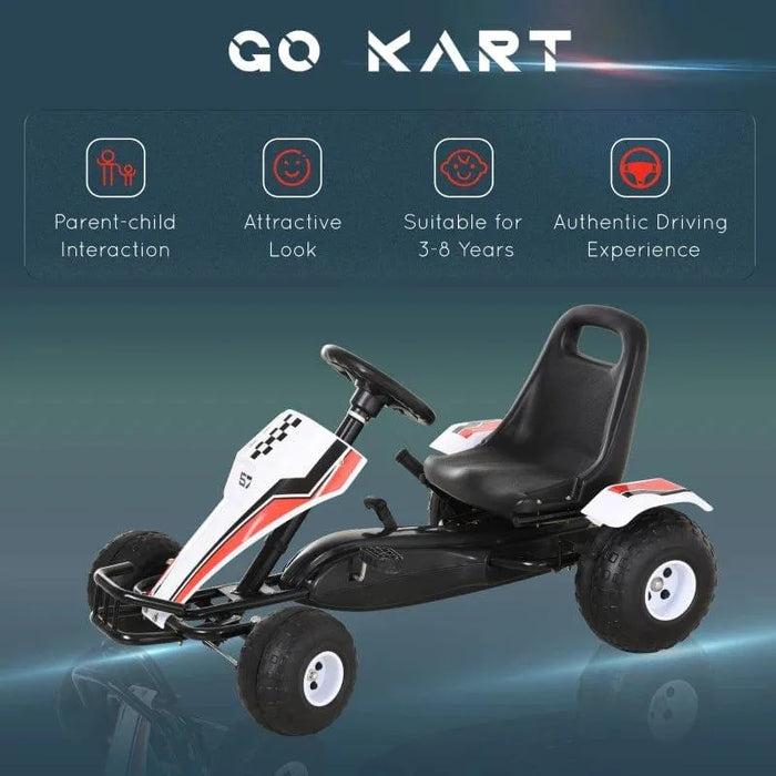 White, red, and black kids pedal go-kart with racing style and cool sticker design