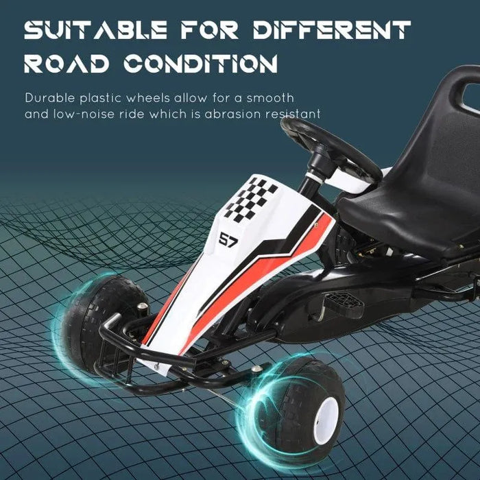 Kids pedal go kart in white, red, and black racing style with sticker design, plastic wheels