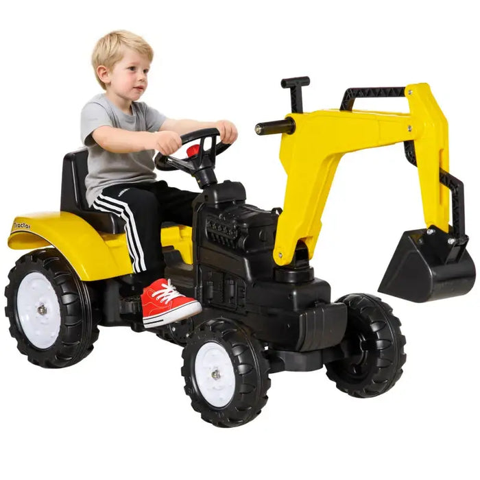 Kids Pedal Ride-On Excavator Tractor – Yellow | Controllable Bucket and Horn HOMCOM - Little and Giant Explorers HOMCOM