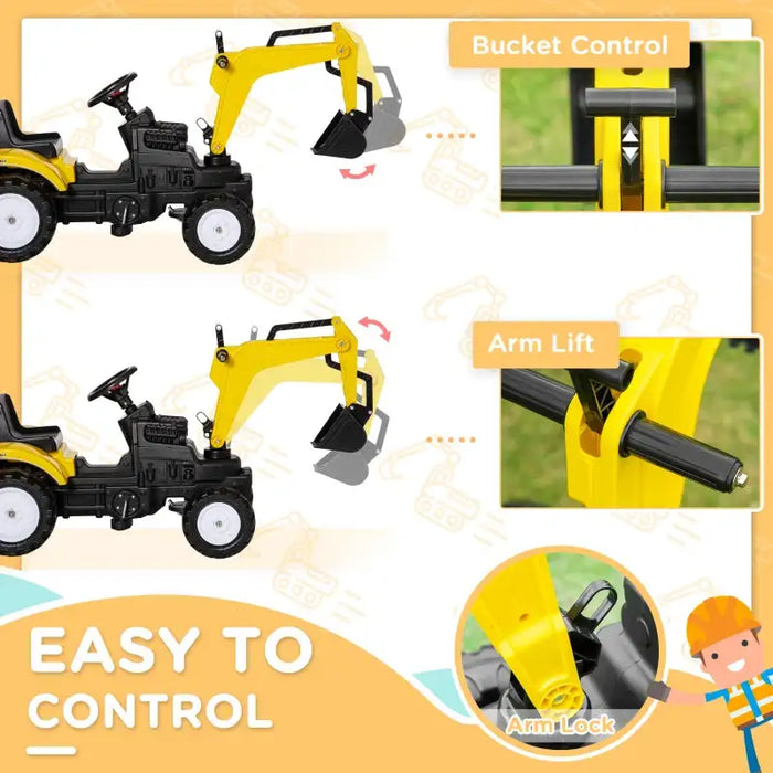 Kids Pedal Ride-On Excavator Tractor – Yellow | Controllable Bucket and Horn HOMCOM - Little and Giant Explorers HOMCOM