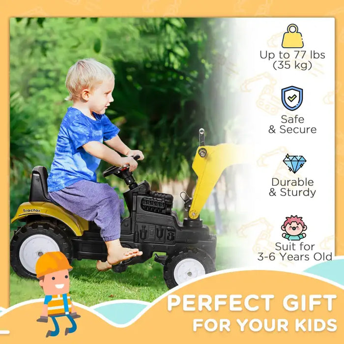 Kids Pedal Ride-On Excavator Tractor – Yellow | Controllable Bucket and Horn HOMCOM - Little and Giant Explorers HOMCOM