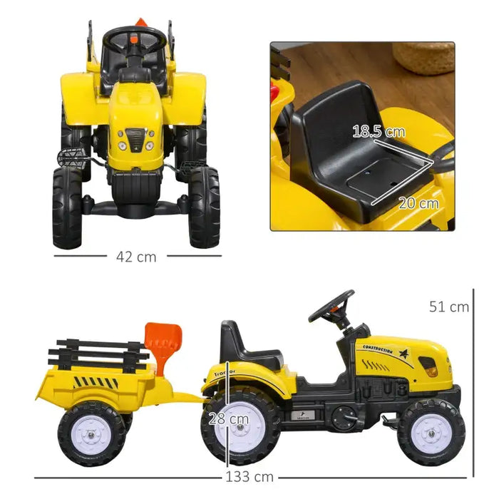 Kids Pedal Ride-On Tractor with Trailer – Yellow and Black | Pedal Car, Shovel and Rake HOMCOM - Little and Giant Explorers HOMCOM