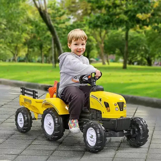 Kids Pedal Ride-On Tractor with Trailer – Yellow and Black | Pedal Car, Shovel and Rake HOMCOM - Little and Giant Explorers HOMCOM